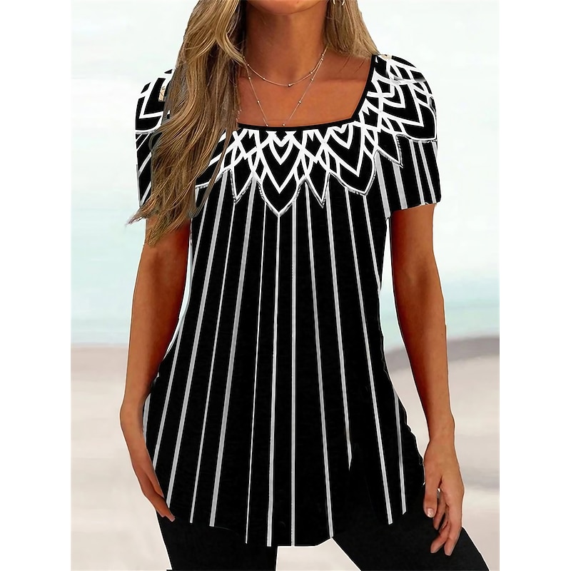Women's Plus Size T Shirt Tunic Basic Floral Striped Print Short Sleeve Regular Tops Square Neck Casual Holiday Black White Pink Purple Dark Gray