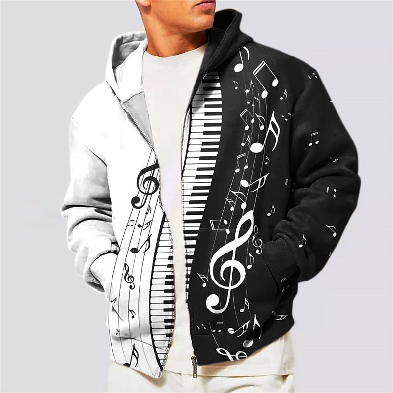 Music Festival Men's Color Block Graphic Prints Musical Notes Hoodie Hoodies Sweatshirt Streetwear Designer Long Sleeve Hooded Sports & Outdoor Daily Sports Black Red Zipper Print Spring &  Fall