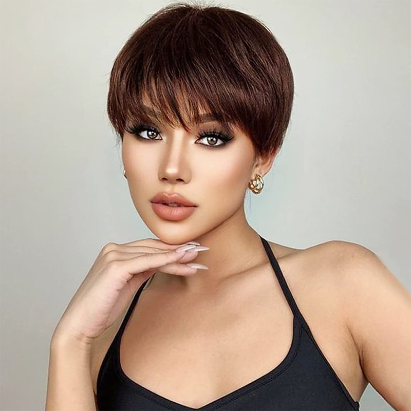 Human Hair Wigs with Bangs Full Machine Made Natural Hair Wig Short Straight Bob Wigs for Women Cheap Human Hair Wigs