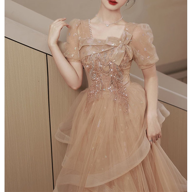 A-Line Party Dresses Elegant Dress Wedding Guest Prom Floor Length Short Sleeve Square Neck Tulle with Bow(s) Sequin  Masquerade Dress to impress4