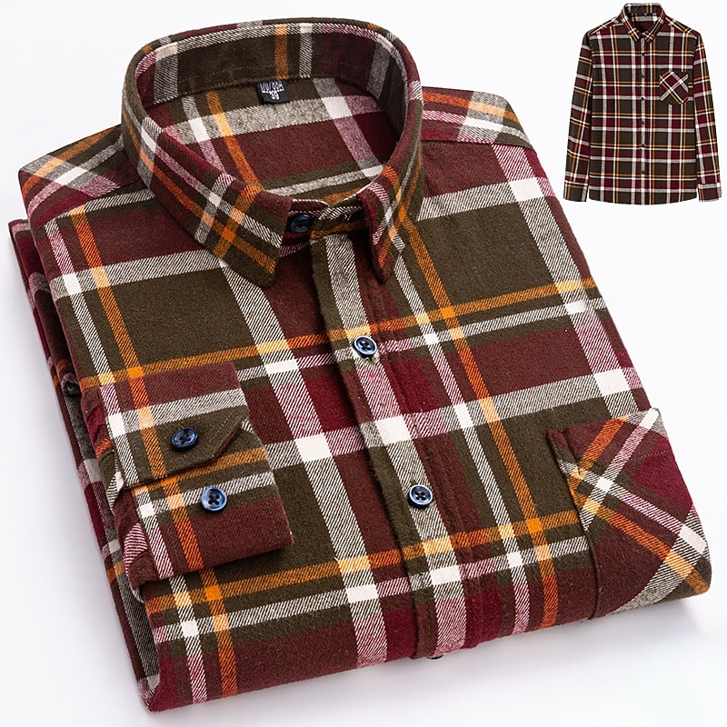 Men's Dress Shirt Stripes and Plaid Wedding Business Maroon Dark Red Yellow Dark Navy Long Sleeve Standing Collar Spring &  Fall Clothing Apparel4