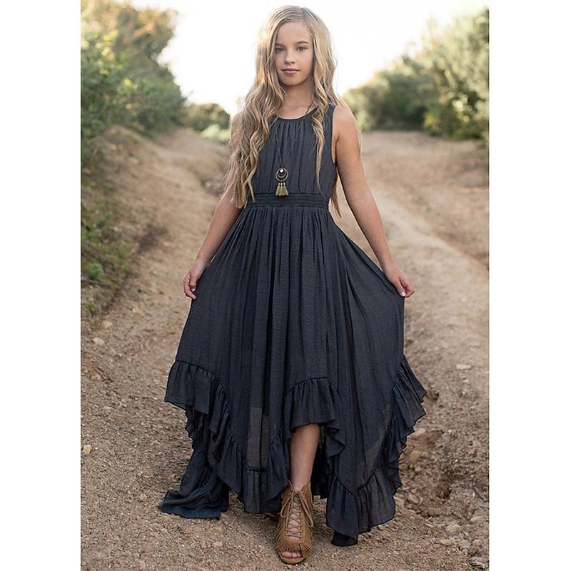 Kids Girls' Party Dress Solid Color Sleeveless Wedding Pegeant Princess Sweet Cotton Maxi Party Dress Summer Dress Flower Girl's Dress Summer Spring 5-12 Years White Pink Orange2