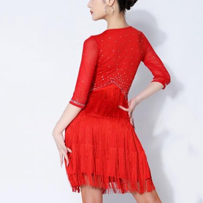 Latin Dance Dress Rhinestone Tassel Splicing Women's Performance Training Half Sleeve Mesh Spandex3