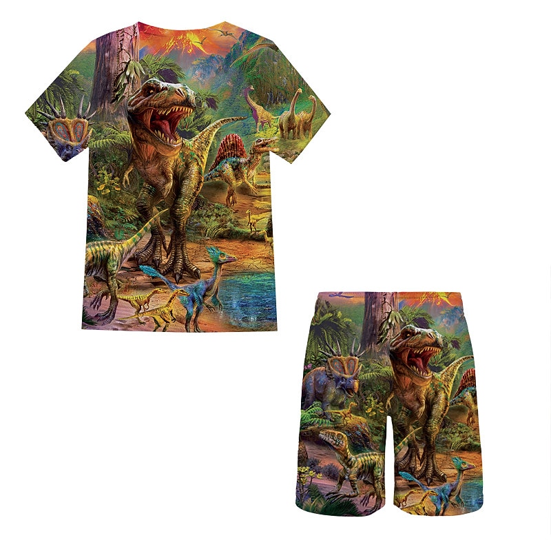 2 Pieces Kids Boys T-shirt & Shorts Clothing Set Outfit Graphic Dinosaur Short Sleeve Crewneck Set Outdoor Sports Fashion Cool Spring 7-13 Years Blue Dusty Blue Green3