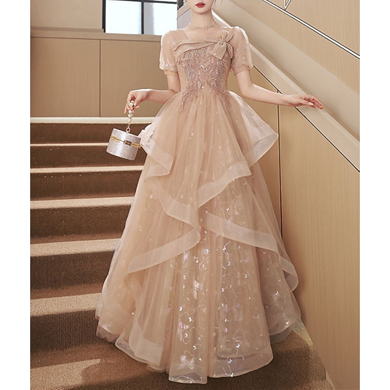 A-Line Party Dresses Elegant Dress Wedding Guest Prom Floor Length Short Sleeve Square Neck Tulle with Bow(s) Sequin  Masquerade Dress to impress