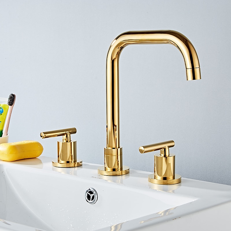 Widespread Bathroom Sink Mixer Faucet Deck Mounted, 360 Swivel Brass 3 Hole 2 Handle Basin Tap, Washroom Basin Vessel Water Tap with Hot and Cold Water Hose2