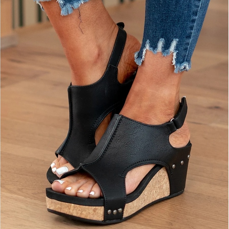 Women's Black Cork Wedge Sandals – Comfortable Open-Toe Slip-On Shoes with Rivet Detailing for Casual Summer and Outdoor Wear2