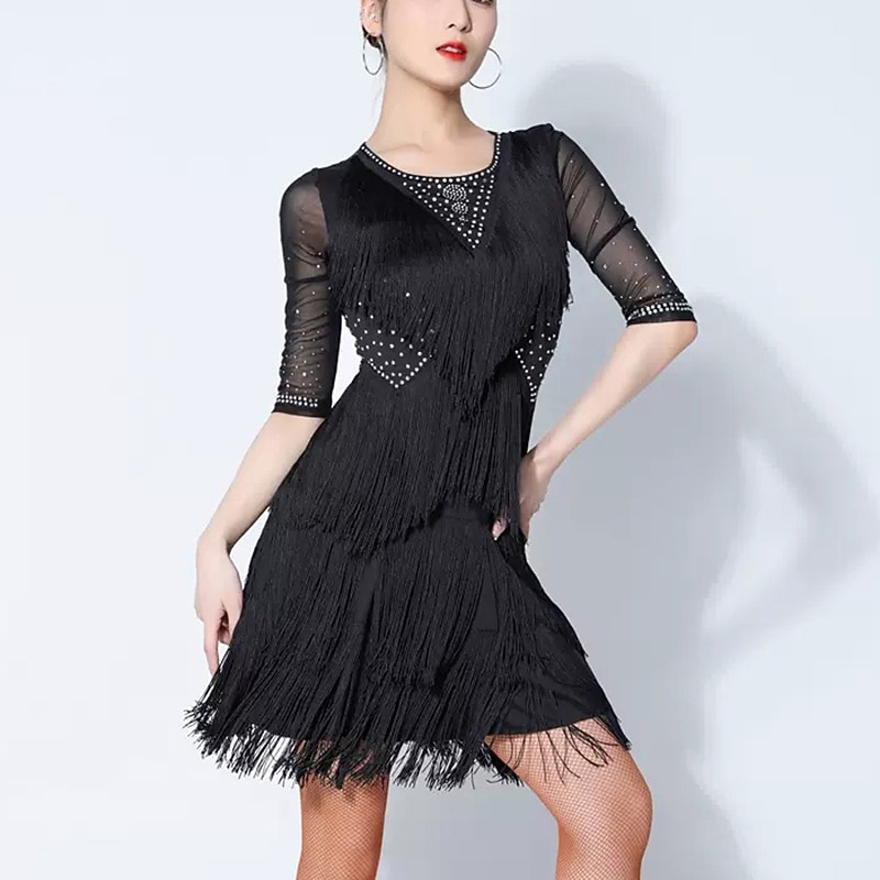Latin Dance Dress Rhinestone Tassel Splicing Women's Performance Training Half Sleeve Mesh Spandex