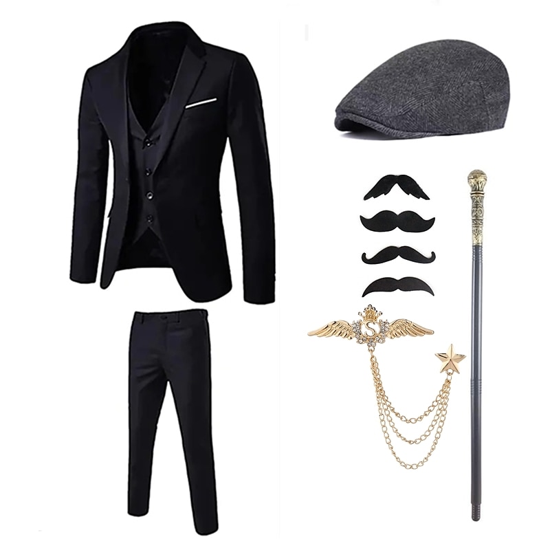 Retro Vintage Roaring 20s 1920s Outfits Suits & Blazers Accesories Set Gentleman Gangster Buckle Solid Colored Turndown Fancy Dress Men's Halloween Carnival Party & Evening Casual Daily Party3