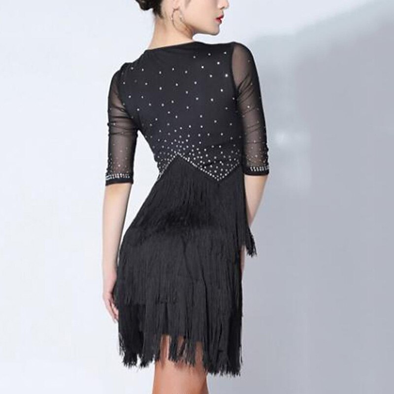 Latin Dance Dress Rhinestone Tassel Splicing Women's Performance Training Half Sleeve Mesh Spandex2
