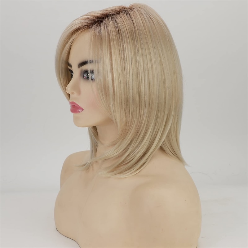 Short Platinum Blonde Bob Wigs for White Women Ombre Blonde Wig with Brown Roots Straight Heat Synthetic Daily Party Wig4