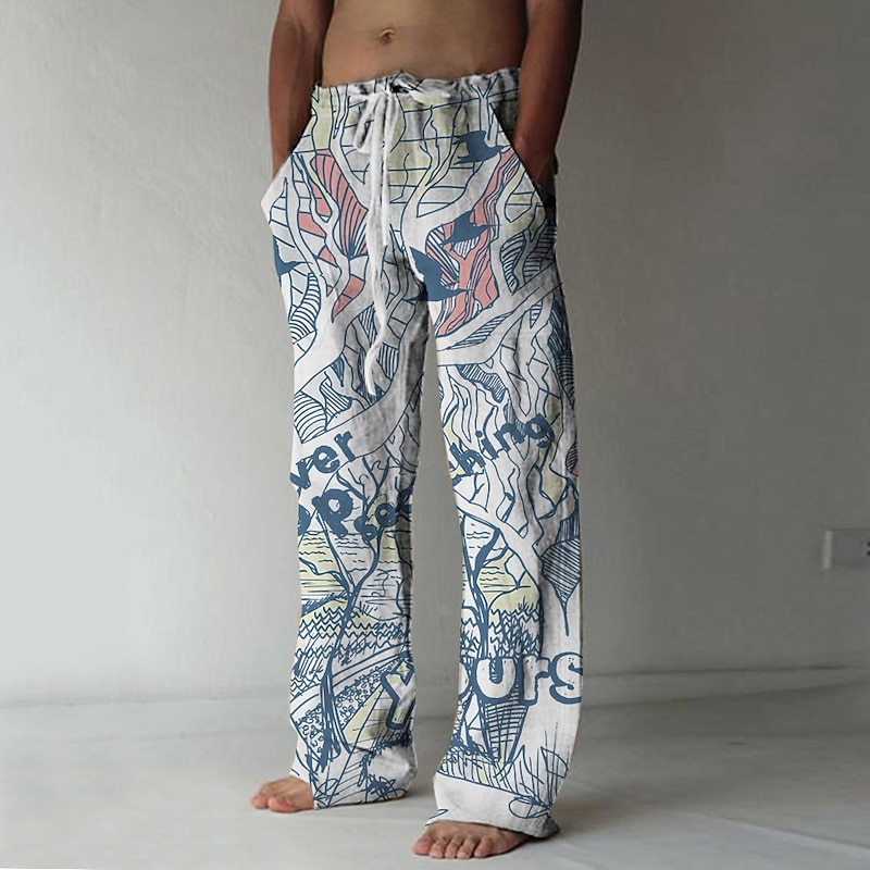 Men's Trousers Summer Pants Beach Pants Drawstring Elastic Waist 3D Print Letter Graphic Prints Comfort Casual Daily Holiday Streetwear Hawaiian Black White4