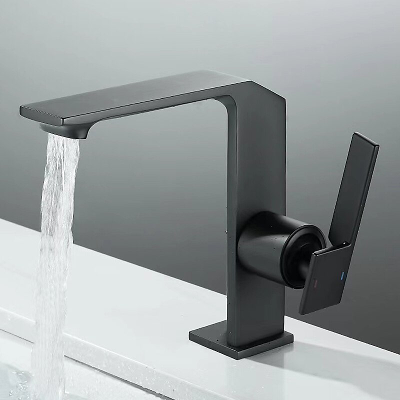 Waterfall Bathroom Sink Mixer Faucet Brass, Single Handle Washroom Basin Taps One Hole Faucets with Hot and Cold Hose, Waterfall Spout Brass Bathroom Tap Chrome Black Gold Grey2