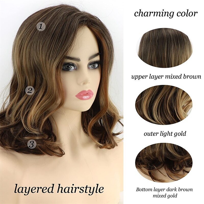 Brown Highlight Short Wavy Wigs for White Women Brown Mixed Blonde Curly Wig Synthetic Hair Replacement Wig for Daily Party Use3