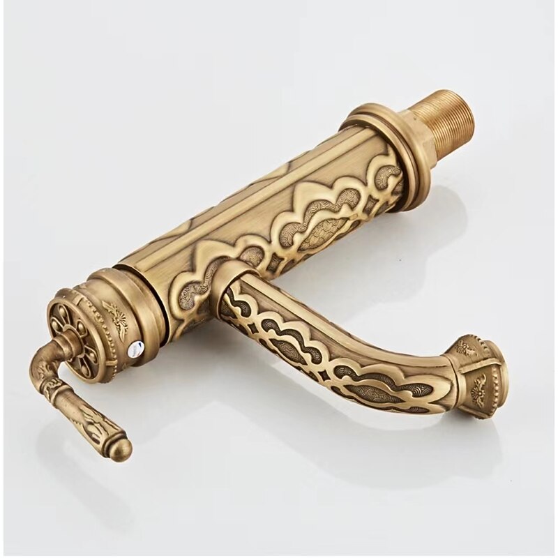 Vintage Bathroom Sink Mixer Faucet, 360 Swivel Spout Retro Monobloc Washroom Basin Taps, Antique Water Tap Single Handle One Hole Deck Mounted with Hot and Cold Hose3