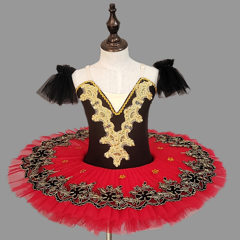 Kids' Dancewear Ballet Tutu Dress Dress Rhinestone Lace Embroidery Girls' Performance Training Short Sleeve High Mesh Spandex