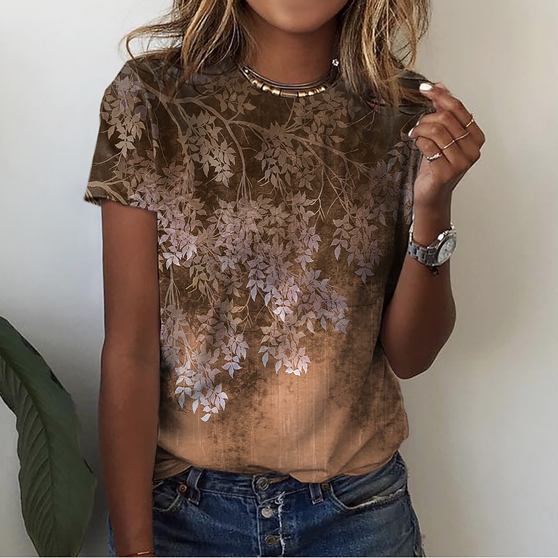 Women's T Shirt Basic Floral Print Short Sleeve Regular Tops Round Neck Holiday Weekend Yellow Pink Blue Green4