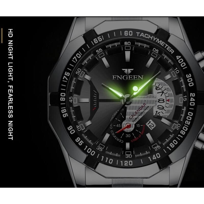 FNGEEN Men Quartz Watch Luxury Large Dial Fashion Wristwatch Luminous Calendar Waterproof Stainless Steel Strap Watch4