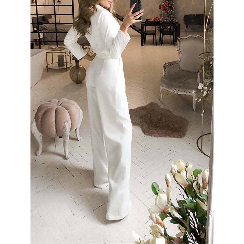 Women's Jumpsuit for Special Occasions Pocket High Waist Solid Color V Neck Streetwear Office Work Regular Fit Long Sleeve Black White Wine S M L Summer2