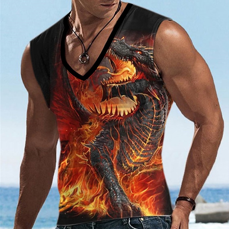 Men's Graphic Animal Dragon Vest Top Sleeveless T shirt 3D Print V Neck Shirt Designer Casual Comfortable Vacation Daily Going out Yellow Blue Sky Blue Spring & Summer Clothing Apparel S M L XL 2XL