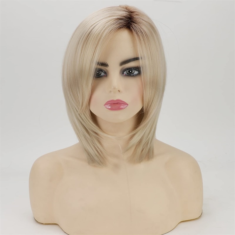 Short Platinum Blonde Bob Wigs for White Women Ombre Blonde Wig with Brown Roots Straight Heat Synthetic Daily Party Wig3