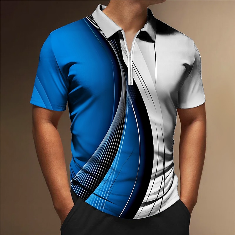 Men's Geometric Zip Polo Shirts Golf Shirt Short Sleeve Polo Shirts Collared Shirts Business Casual Vacation Wear Formal Wear Festival Wear 3D Print Quarter Zip Polo Black Yellow Red
