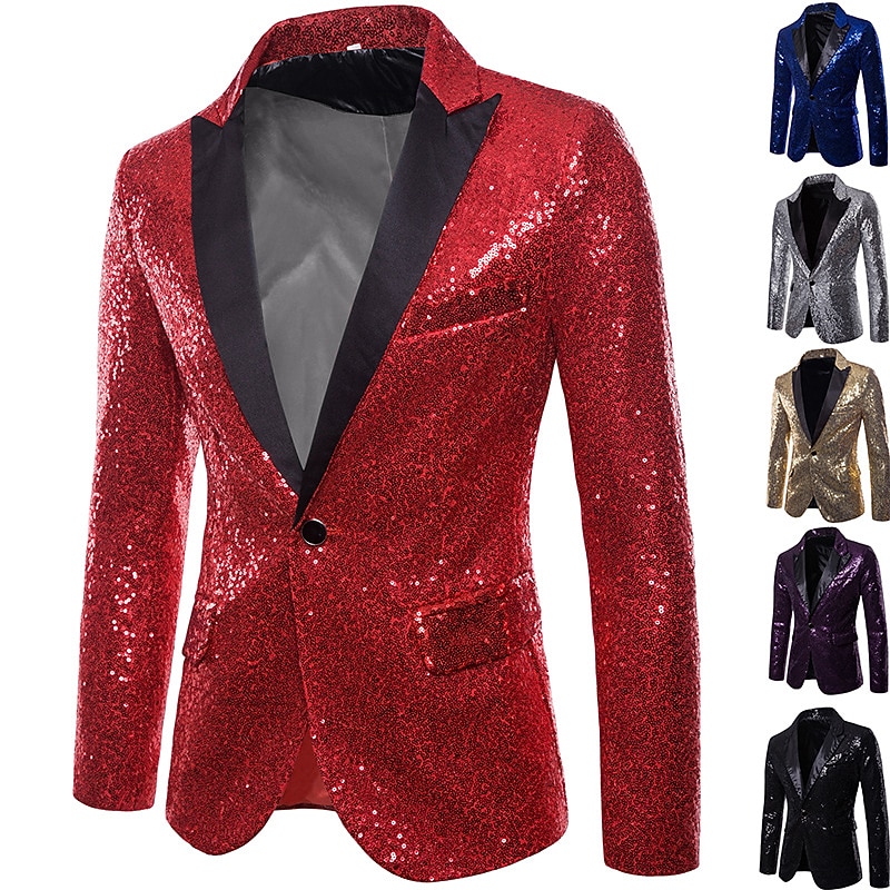 Men's Blazer Performance Cocktail Party Punk Fashion Spring Fall Sequin Solid Color Pocket Shining Single Breasted One-button Blazer Silver Black Red Blue3