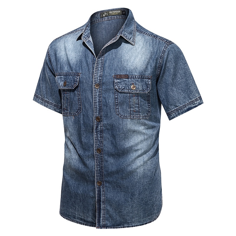Men's Shirt Chambray Shirt Summer Shirt Jeans Shirt Button Up Shirt Denim Shirt Dark Gray Light Blue Short Sleeve Plain Turndown Casual Daily Button-Down Clothing Apparel Fashion Streetwear Classic2