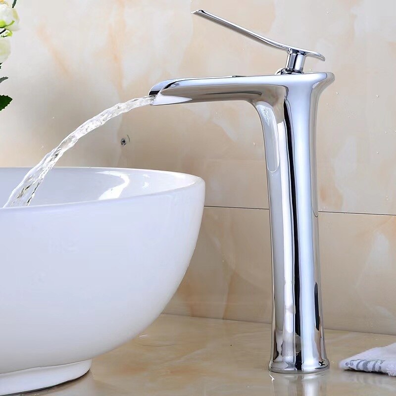 Waterfall Bathroom Sink Mixer Faucet Tall, Mono Wash Basin Single Handle Basin Taps Washroom with Hot and Cold Hose Monobloc Vessel Water Brass Tap Deck Mounted 10