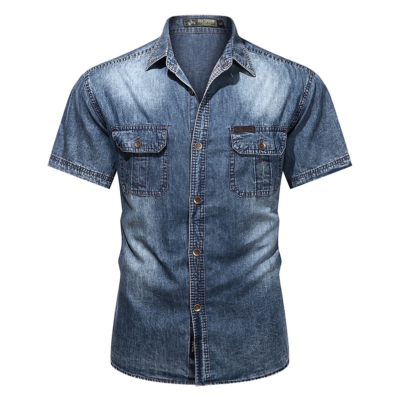 Men's Shirt Chambray Shirt Summer Shirt Jeans Shirt Button Up Shirt Denim Shirt Dark Gray Light Blue Short Sleeve Plain Turndown Casual Daily Button-Down Clothing Apparel Fashion Streetwear Classic3