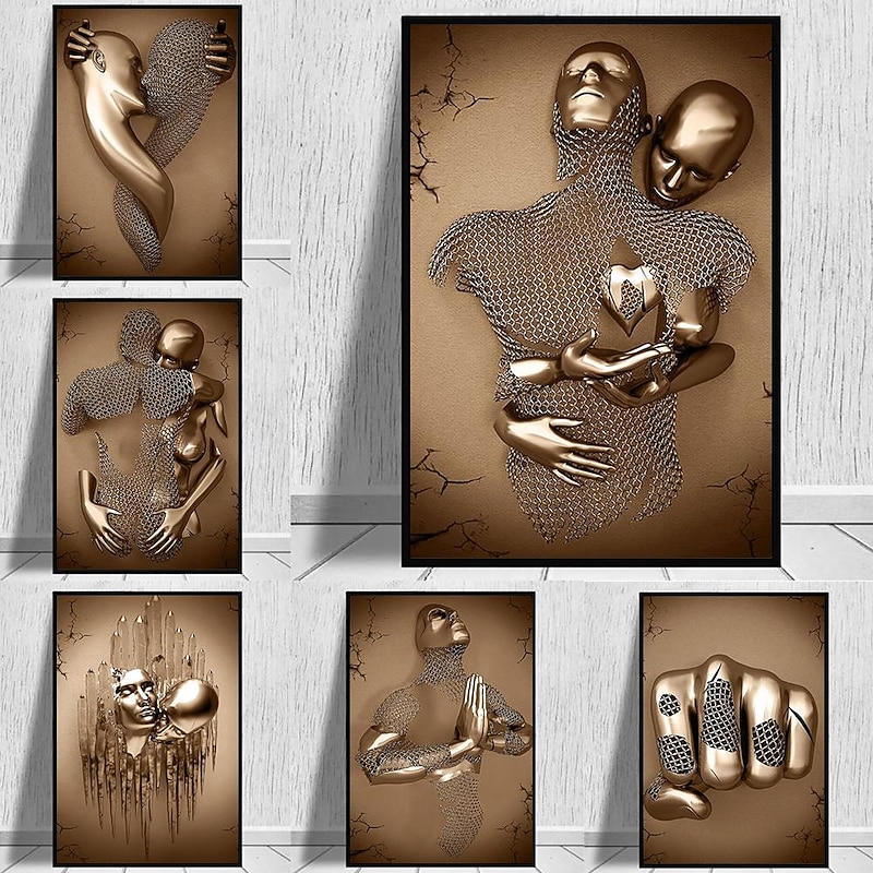 Abstract People Wall Art Canvas Love Couples Prints Painting Artwork Picture Kissing Hug Love Bronze Glitter Home Decoration Décor Rolled Canvas No Frame Unframed Unstretched