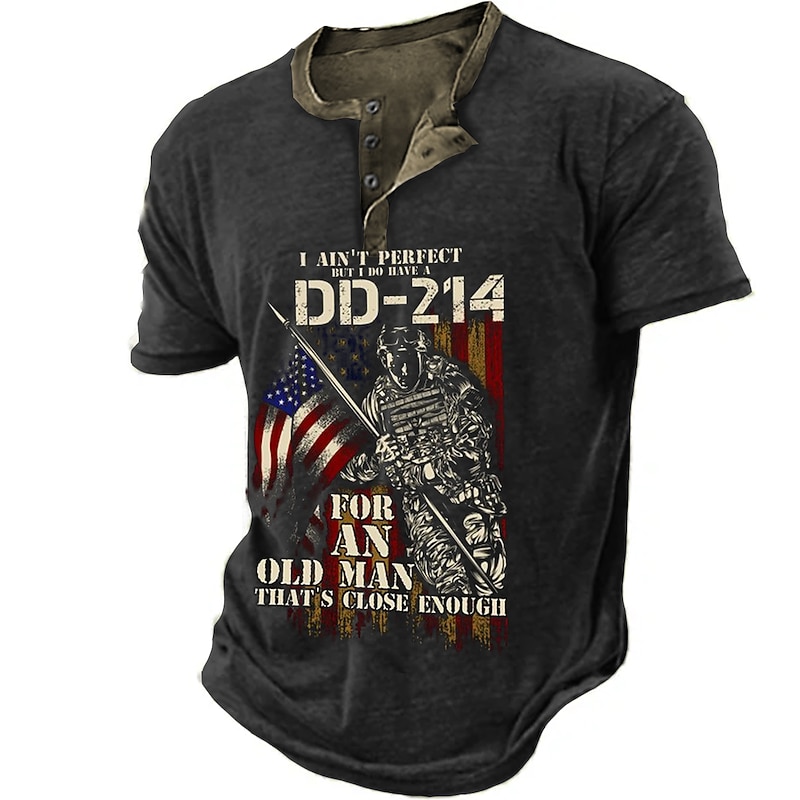Men's Graphic Soldier I Ain't Perfect but I do Have a dd-214 Henley Shirt Short Sleeve 3D Print Fashion Designer Comfortable Outdoor Daily Summer Black Navy Blue Brown Green Henley Henley T-Shirt2
