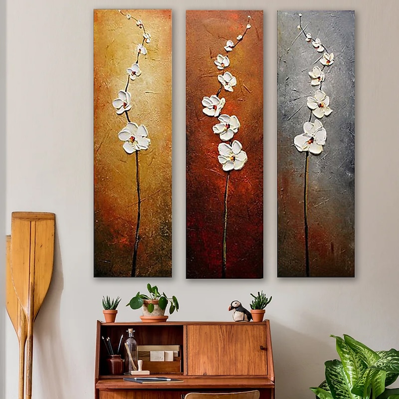 3 Panels Oil Painting Handmade Hand Painted Wall Art Still Life Plant Flower Home Decoration Décor Rolled Canvas No Frame Unstretched