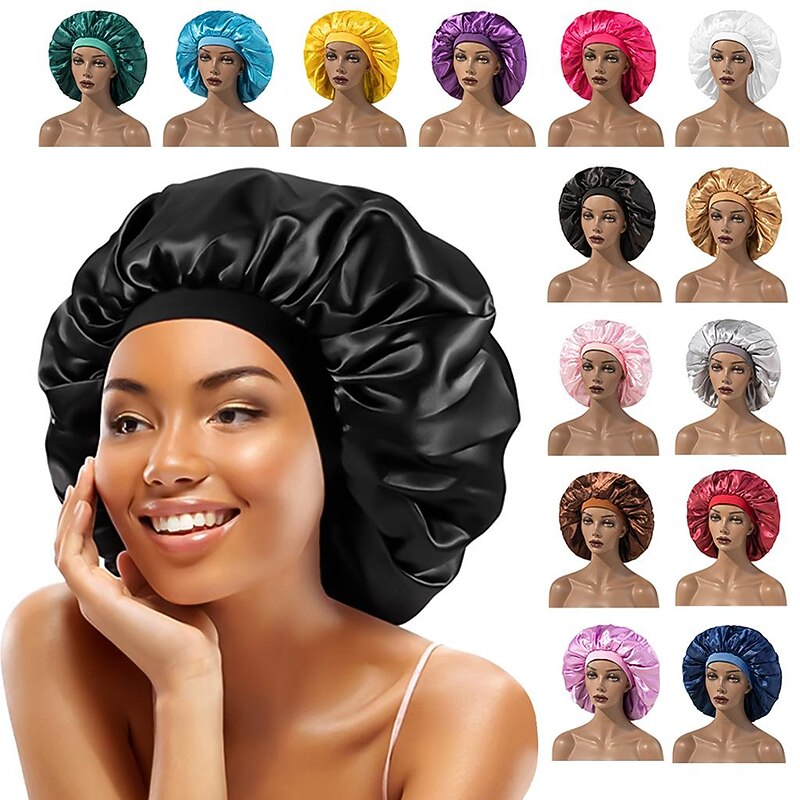 Large Women Silk Satin-Bonnet Extra Soft Elastic Band Sleeping Caps for Curly Dreadlock Braid Hair
