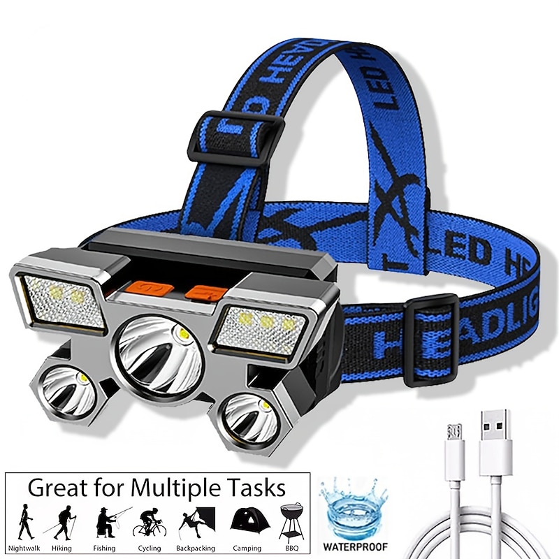 USB Rechargeable LED Head Lamp, Portable 5 LEDs Headlight Torch Work Light for Travel, Camping, Fishing, Hunting Outdoor Camping Adventure