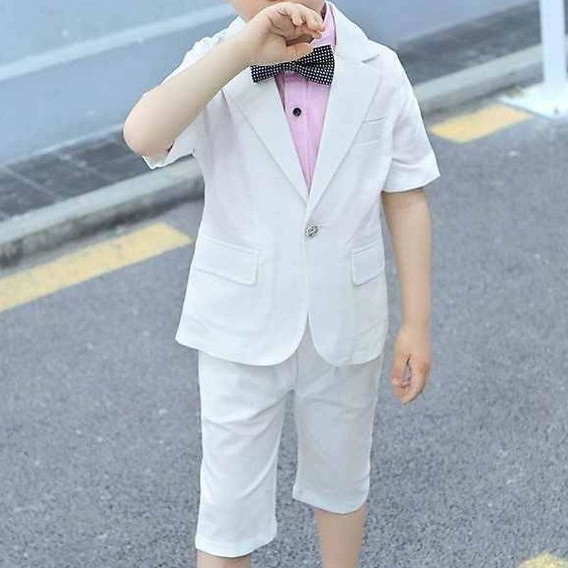 3 Pieces Kids Boys Suit & Blazer Shirt & Shorts Outfit Solid Color Short Sleeve Cotton Set Casual Fashion Cool Summer Spring 7-13 Years Black White Blue