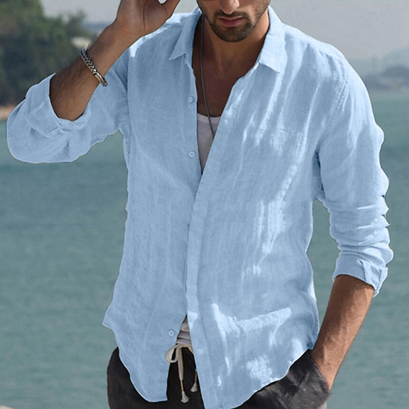 Men's Shirt Linen Shirt Summer Shirt Beach Wear Button Up Shirt Solid Color Vacation Curise Black White Pink Navy Blue Long Sleeve Collar Spring & Summer Clothing Apparel Button-Down4