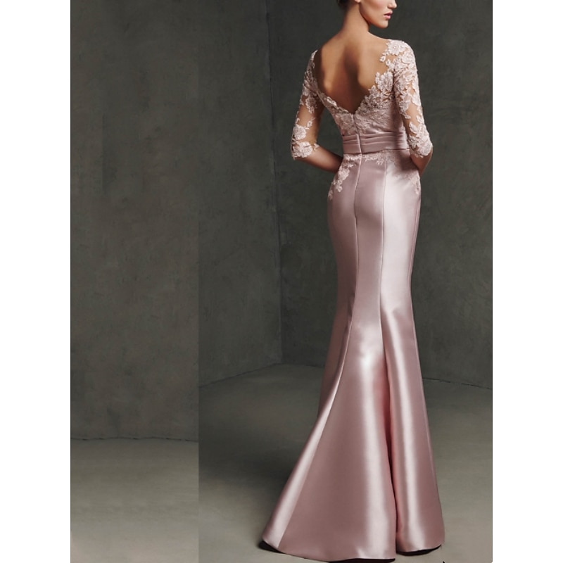 Mermaid Mother of the Bride Dress Formal Formal Evening Elegant Party Scoop Neck Floor Length Satin Lace 3/4 Length Sleeve with Pleats Split Front2