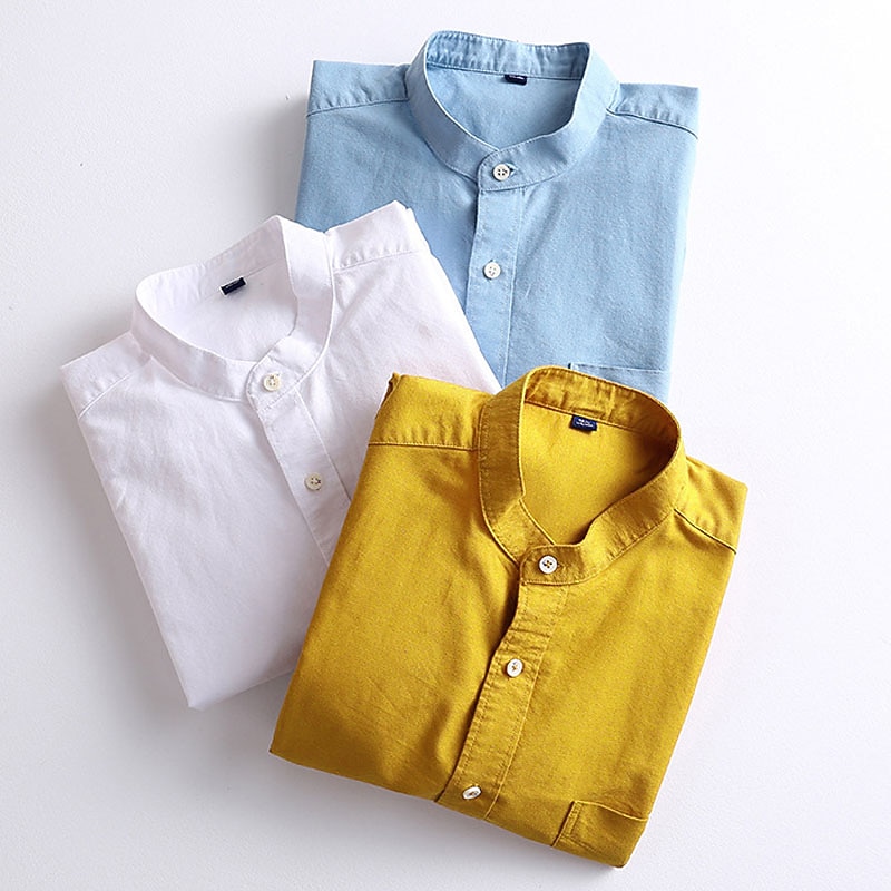Men's Chinese Collar Shirt Mandarin Collar Shirt Dress Shirt Oxford Shirt Collarless Shirt Plain Wedding Outdoor Sea Blue White Yellow Navy Blue Long Sleeve Stand Collar Spring &  Fall Clothing4