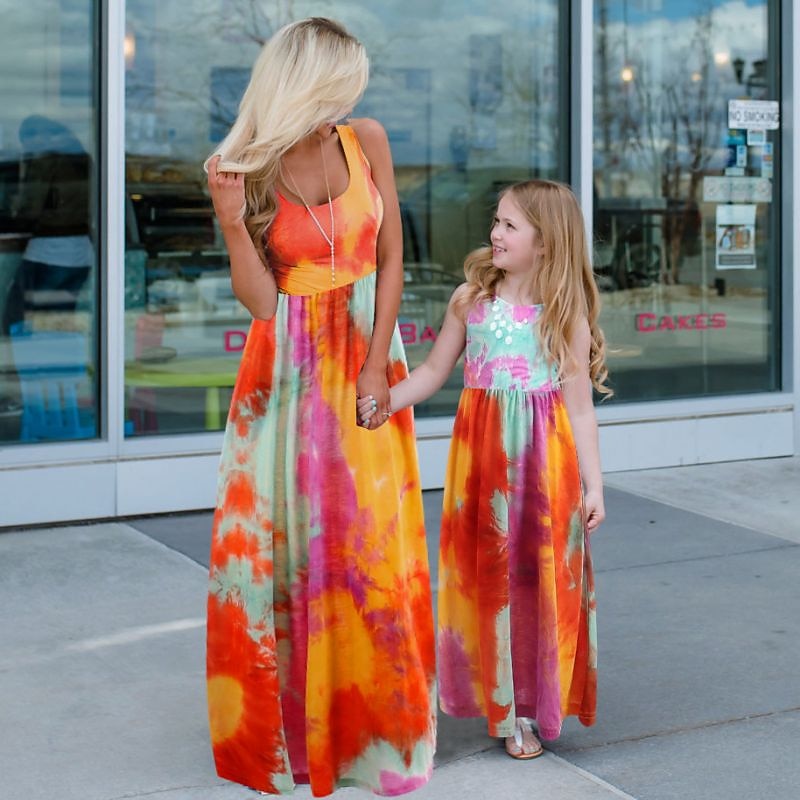 Mommy and Me Dresses Tie Dye Sunflower Casual Print Black White Sleeveless Midi Mommy And Me Outfits Active Matching Outfits3