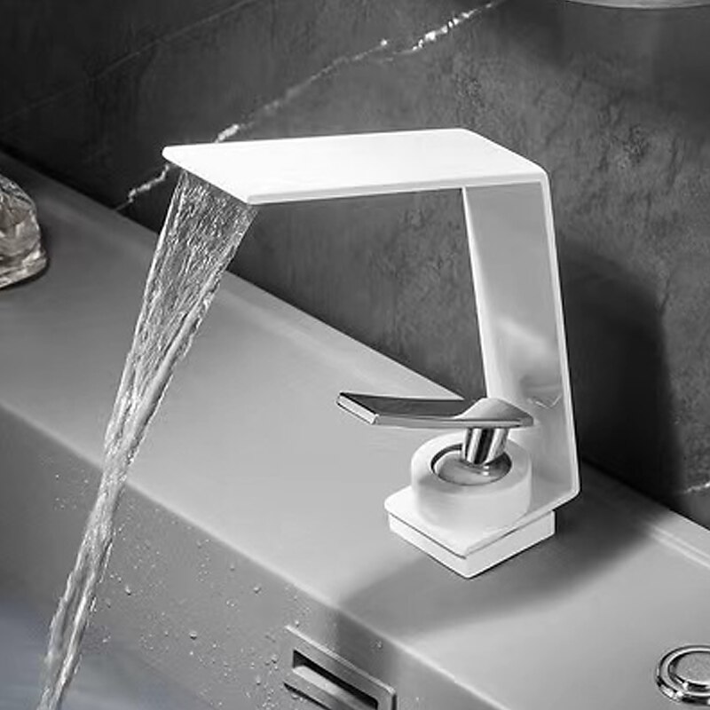 Waterfall Bathroom Sink Mixer Faucet, Basin Taps Mono Wash Basin Single Handle Washroom Tap with Hot and Cold Hose, Monobloc Vessel Water Brass Tap Deck Mounted3