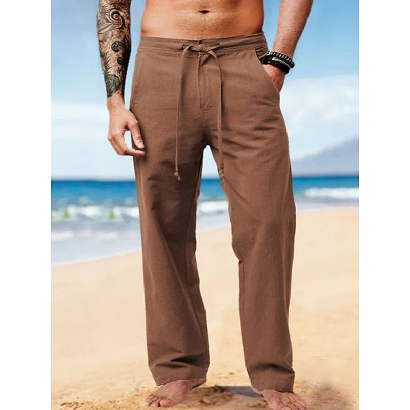 Men's Linen Pants Trousers Summer Pants Beach Pants Plain Breathable Soft Casual Daily Holiday Fashion Streetwear Brown Inelastic