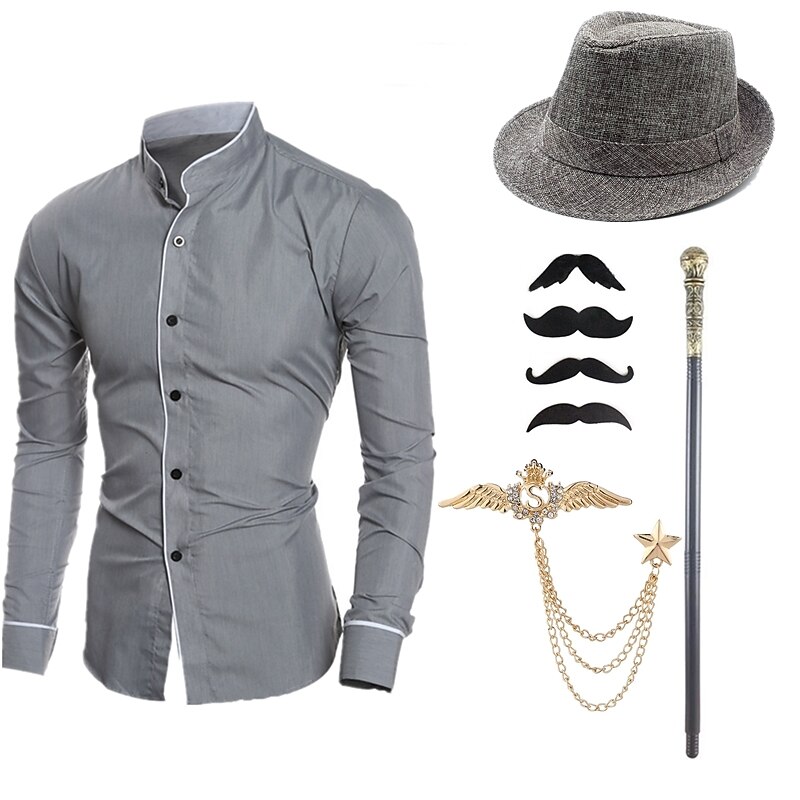 Mens 1920s Gangster Outfit Shirt with Accessories Set 5 Pcs Retro Vintage Roaring 20s Theme Party Cosplay Costume Newsboy Hat Beard Brooch Cane4