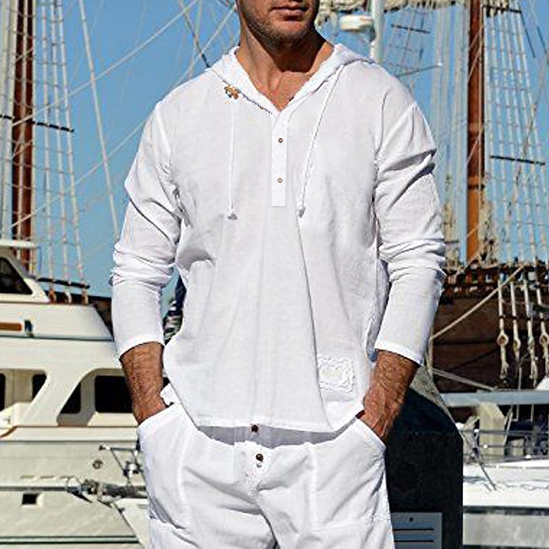 Men's Shirt Cotton Linen Shirt White Cotton Shirt Summer Shirt Casual Shirt Beach Shirt Plain Casual Daily White Blue Green Long Sleeve Hooded Spring & Summer Clothing Apparel Front Pocket