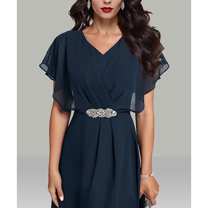 A-Line Wedding Guest Dresses Elegant Dress Semi Formal Tea Length Short Sleeve V Neck Belt / Sash Chiffon with Beading4