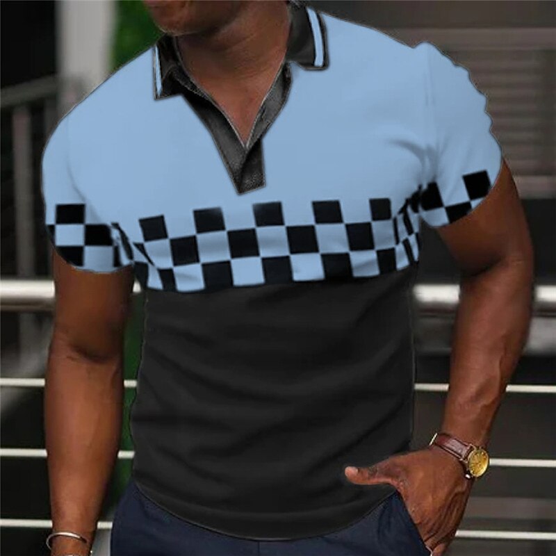 Men's Plaid Polo Shirts Golf Shirt Short Sleeve Polo Shirts V Neck Casual Vacation Wear Formal Wear Festival Wear 3D Print Black Yellow Blue2