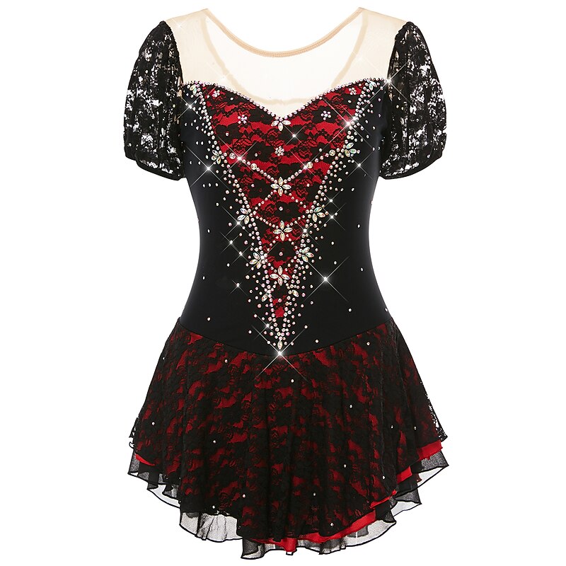 Figure Skating Dress Women's Girls' Ice Skating Dress Outfits Yellow & Yellow Black Dark Purple Open Back Spandex Stretch Yarn High Elasticity Training Competition Skating Wear Handmade Solid Colored2