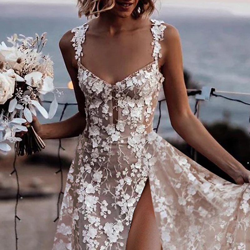Beach Boho Simple Wedding Dress A-Line Sweetheart Regular Straps Court Train Lace Bridal Gowns With Appliques Split Front4