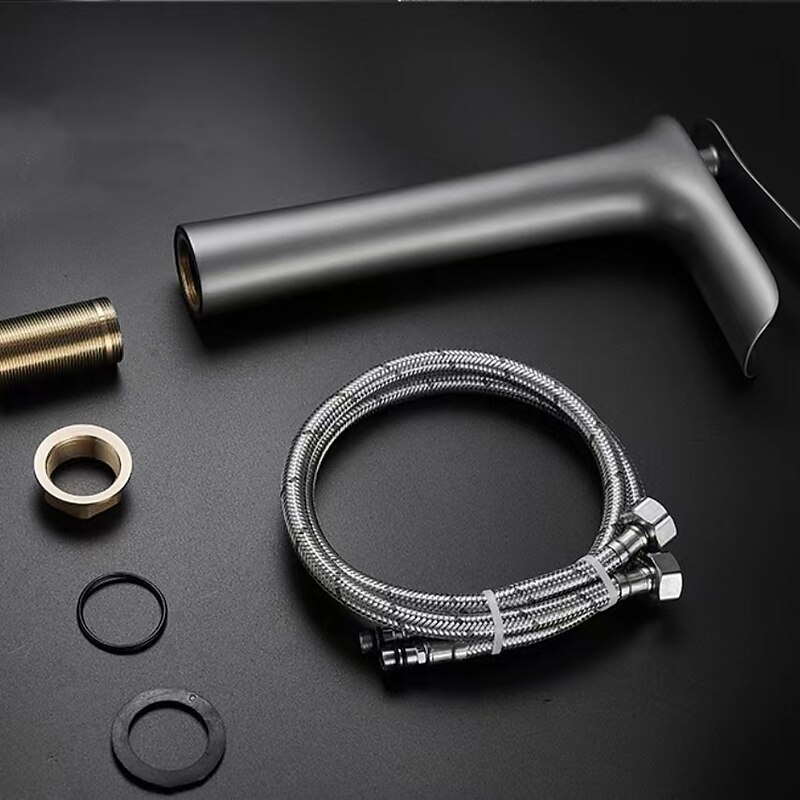 Waterfall Bathroom Sink Mixer Faucet Tall, Mono Wash Basin Single Handle Basin Taps Washroom with Hot and Cold Hose Monobloc Vessel Water Brass Tap Deck Mounted Grey Black Golden3