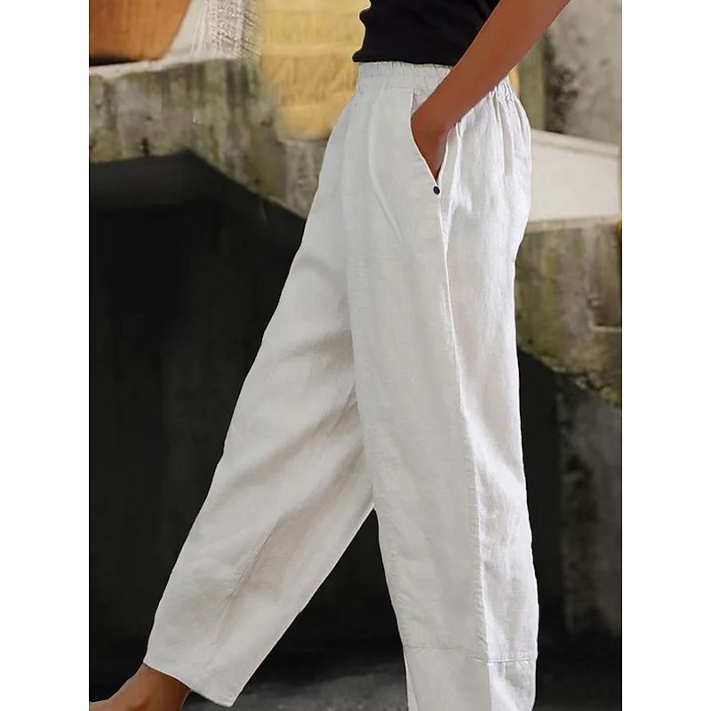 Women's Cotton Linen Pants Baggy Pants Linen Like Solid Color Fashion Ankle-Length Plain Side Pockets Comfort Inelastic Casual Weekend White Regular Fit2